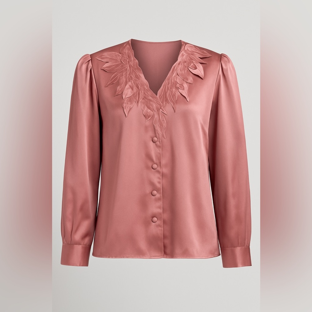 Kathy Che New York Vintage Pink Satin Blouse – Floral Applique V-Neck L